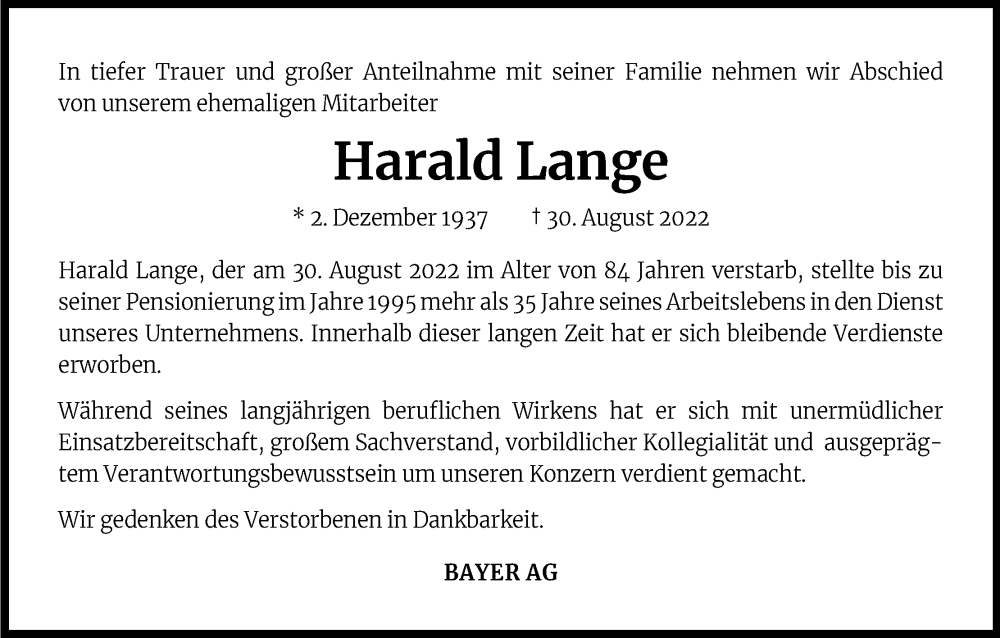 Traueranzeige für Harald Lange vom 22.09.2022 aus Kölner Stadt-Anzeiger / Kölnische Rundschau / Express