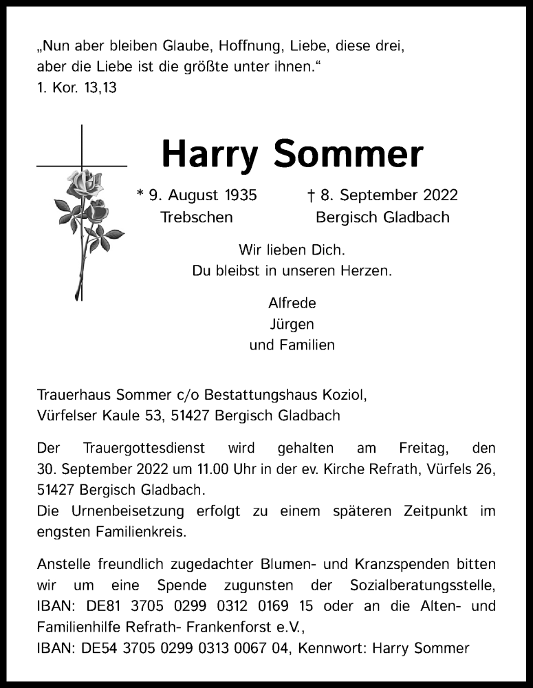  Traueranzeige für Harry Sommer vom 24.09.2022 aus Kölner Stadt-Anzeiger / Kölnische Rundschau / Express
