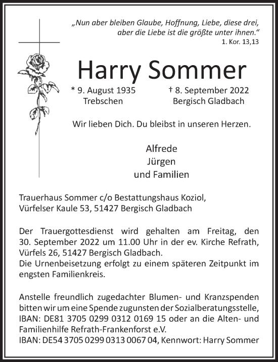 Anzeige von Harry Sommer von  Bergisches Handelsblatt 