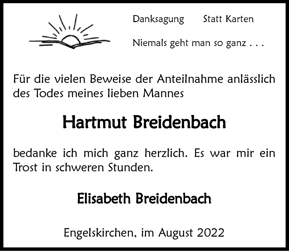  Traueranzeige für Hartmut Breidenbach vom 02.09.2022 aus  Anzeigen Echo 