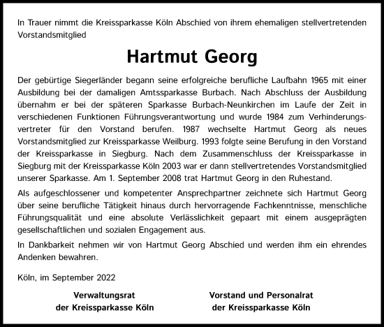 Anzeige von Hartmut Georg von Kölner Stadt-Anzeiger / Kölnische Rundschau / Express
