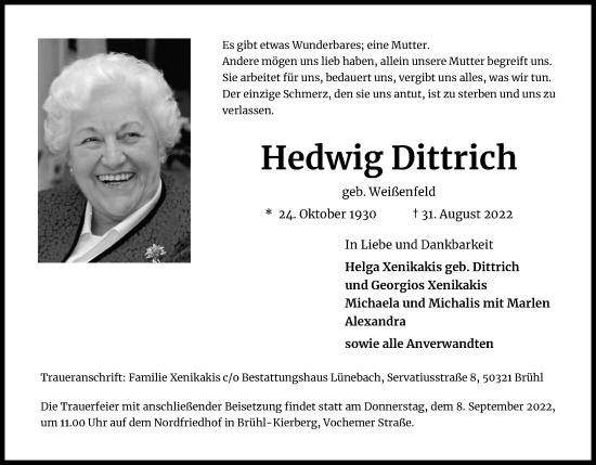 Anzeige von Hedwig Dittrich von Kölner Stadt-Anzeiger / Kölnische Rundschau / Express