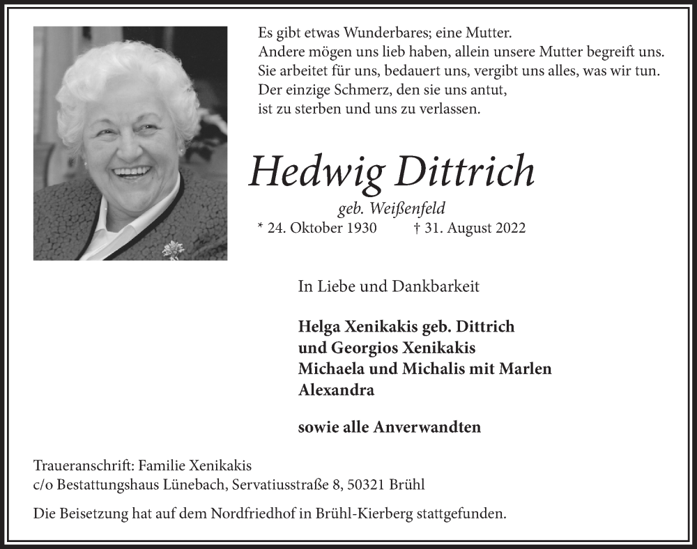  Traueranzeige für Hedwig Dittrich vom 09.09.2022 aus  Schlossbote/Werbekurier 
