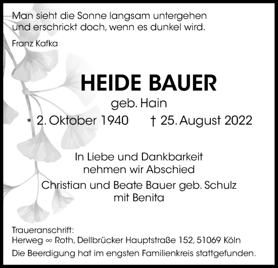 Anzeige von Heide Bauer von Kölner Stadt-Anzeiger / Kölnische Rundschau / Express