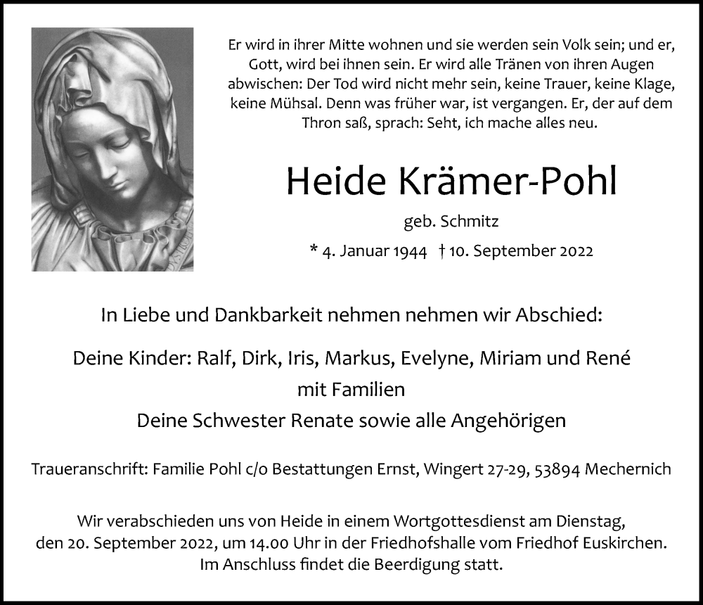  Traueranzeige für Heide Krämer-Pohl vom 17.09.2022 aus  Blickpunkt Euskirchen 