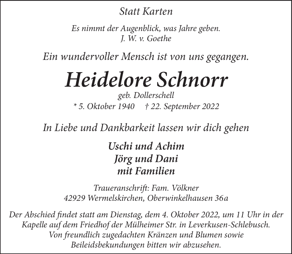  Traueranzeige für Heidelore Schnorr vom 30.09.2022 aus  Lokale Informationen 