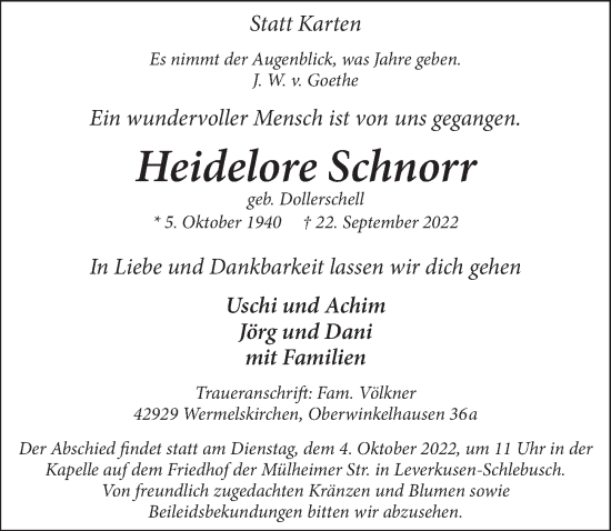Anzeige von Heidelore Schnorr von  Lokale Informationen 