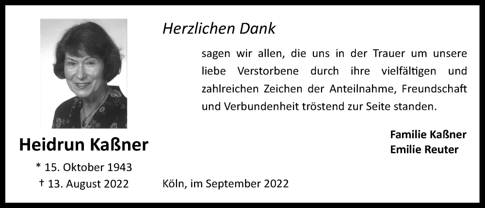  Traueranzeige für Heidrun Kaßner vom 16.09.2022 aus  EXPRESS - Die Woche 