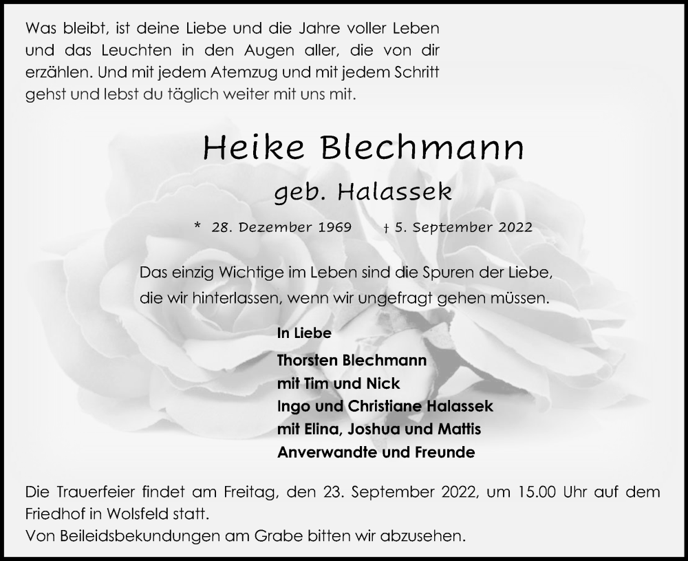  Traueranzeige für Heike Blechmann vom 17.09.2022 aus Kölner Stadt-Anzeiger / Kölnische Rundschau / Express