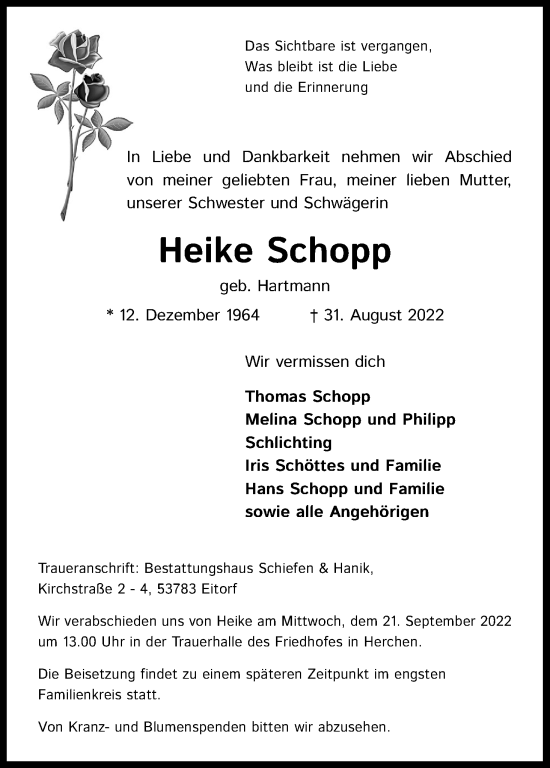 Anzeige von Heike Schopp von Kölner Stadt-Anzeiger / Kölnische Rundschau / Express