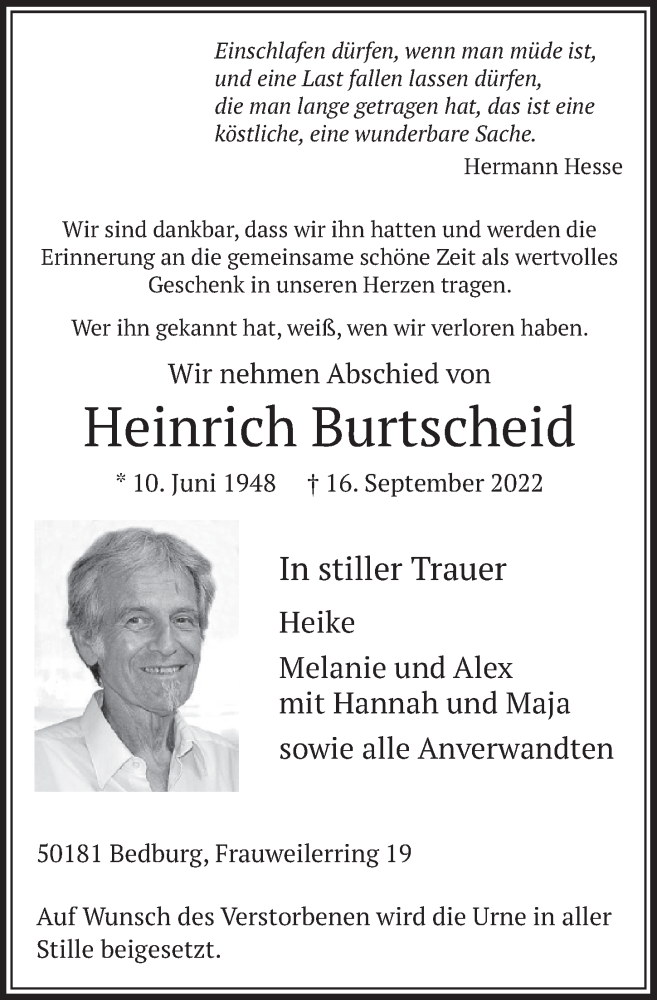  Traueranzeige für Heinrich Burtscheid vom 23.09.2022 aus  Wochenende  Werbepost 