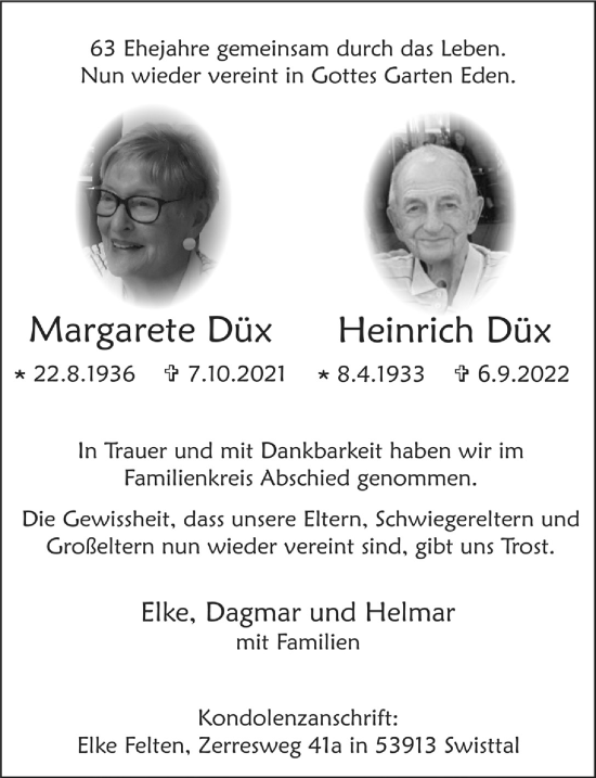Anzeige von Heinrich Düx von  Schaufenster/Blickpunkt 