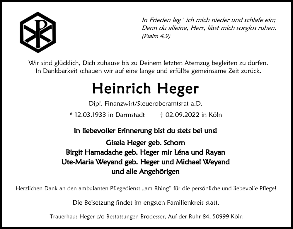  Traueranzeige für Heinrich Heger vom 10.09.2022 aus Kölner Stadt-Anzeiger / Kölnische Rundschau / Express