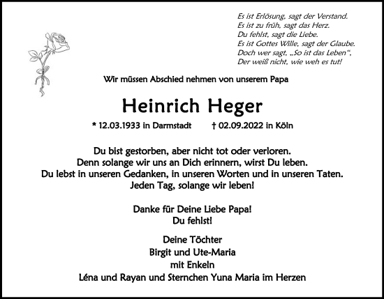 Anzeige von Heinrich Heger von Kölner Stadt-Anzeiger / Kölnische Rundschau / Express