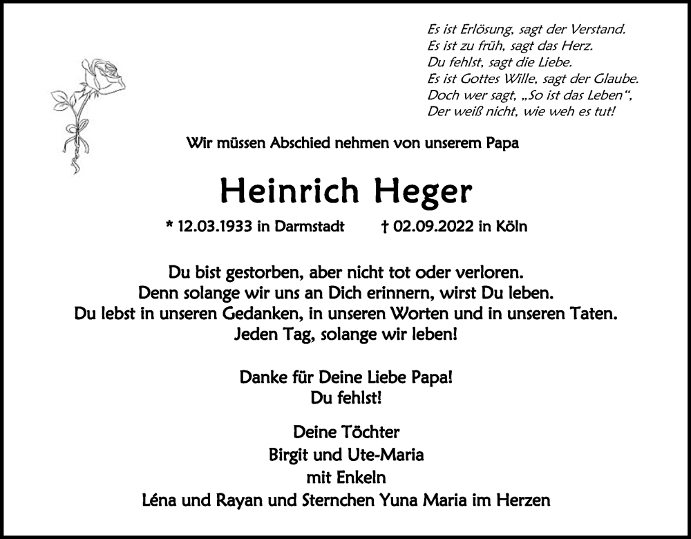  Traueranzeige für Heinrich Heger vom 10.09.2022 aus Kölner Stadt-Anzeiger / Kölnische Rundschau / Express