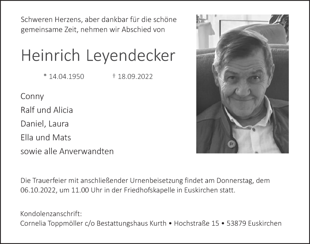  Traueranzeige für Heinrich Leyendecker vom 01.10.2022 aus  Blickpunkt Euskirchen 