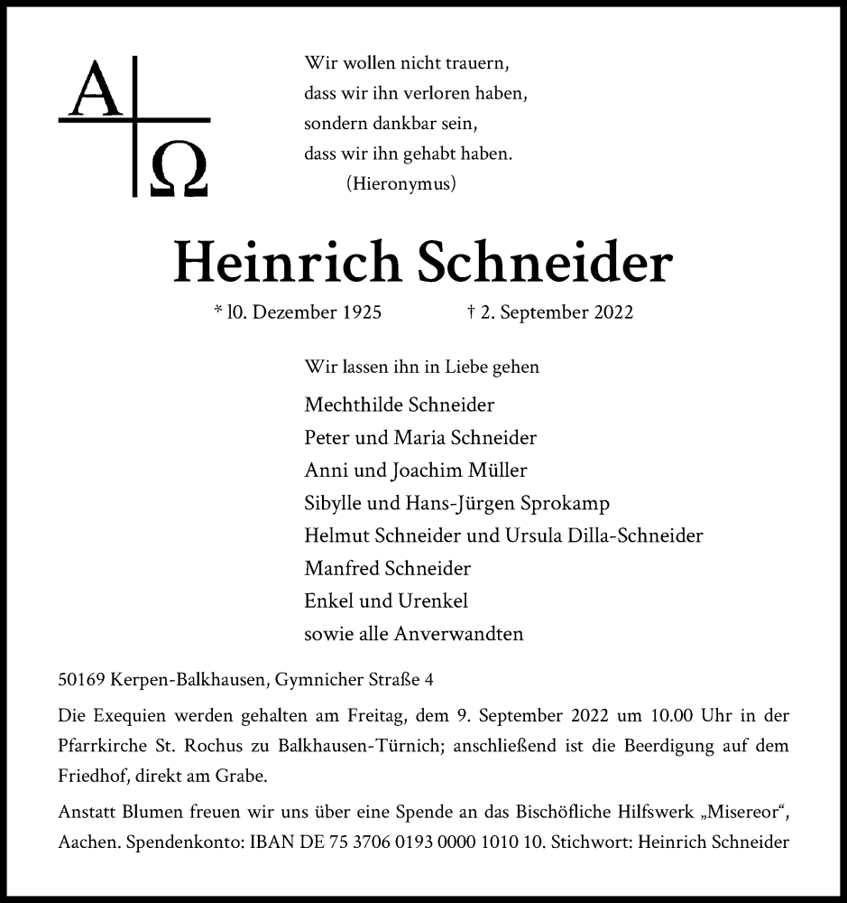  Traueranzeige für Heinrich Schneider vom 07.09.2022 aus Kölner Stadt-Anzeiger / Kölnische Rundschau / Express