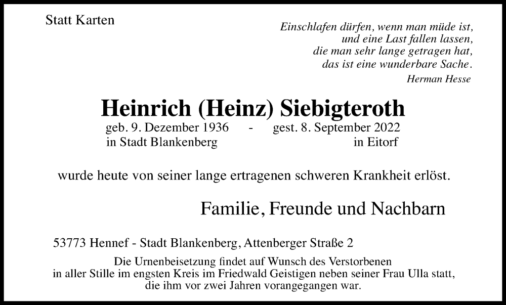  Traueranzeige für Heinrich Siebigteroth vom 10.09.2022 aus Kölner Stadt-Anzeiger / Kölnische Rundschau / Express