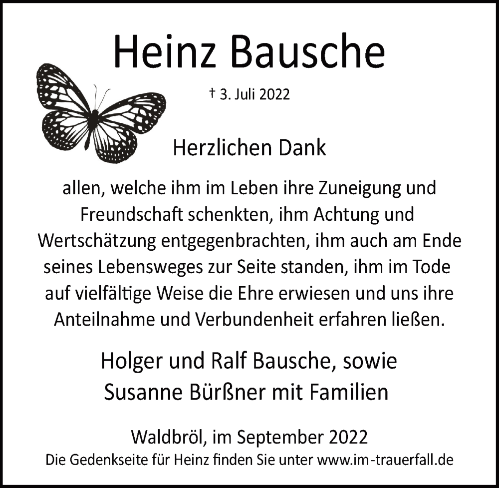  Traueranzeige für Heinz Bausche vom 02.09.2022 aus  Lokalanzeiger 
