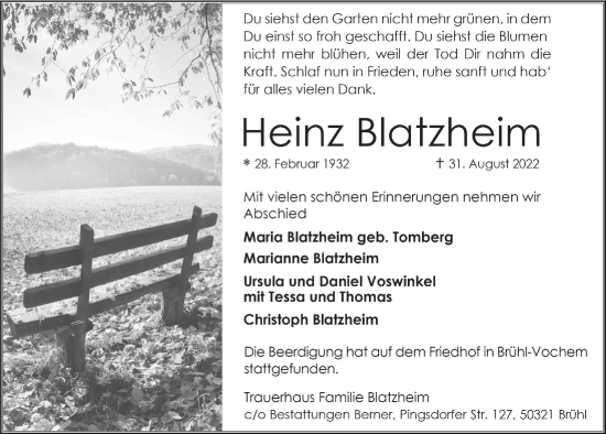 Anzeige von Heinz Blatzheim von  Schlossbote/Werbekurier 