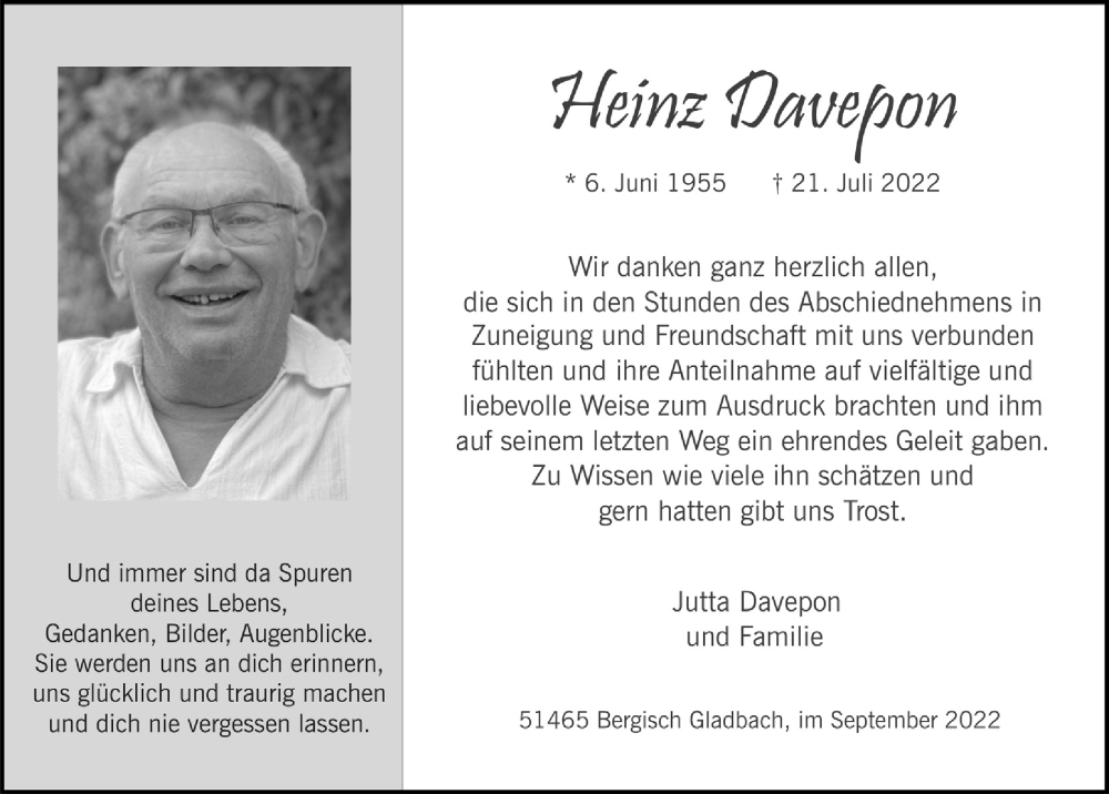  Traueranzeige für Heinz Davepon vom 09.09.2022 aus  Bergisches Handelsblatt 