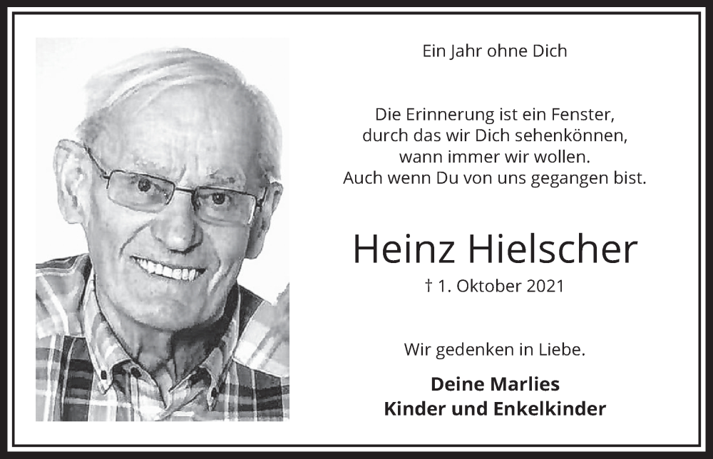  Traueranzeige für Heinz Hielscher vom 30.09.2022 aus  Werbepost 