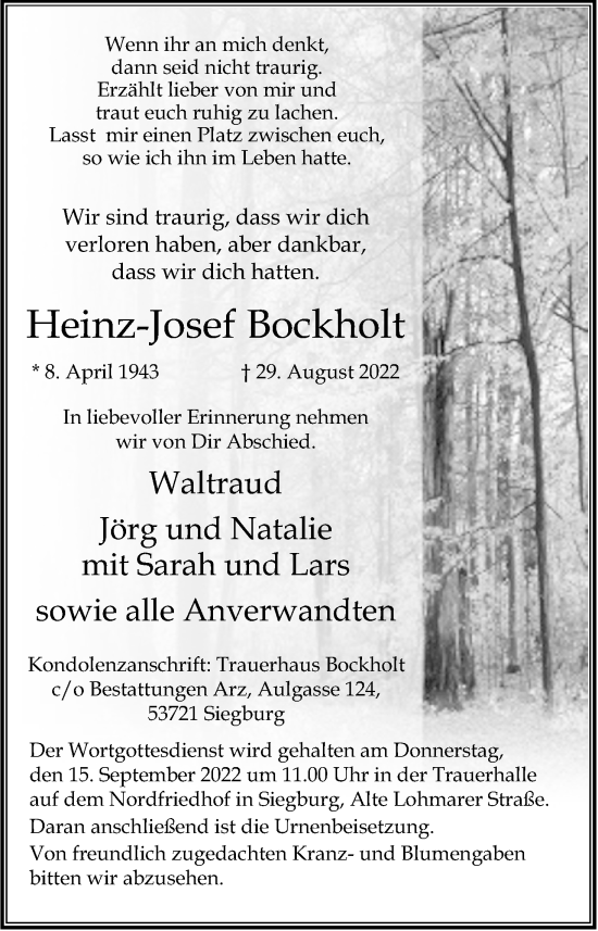 Anzeige von Heinz-Josef Bockholt von Kölner Stadt-Anzeiger / Kölnische Rundschau / Express