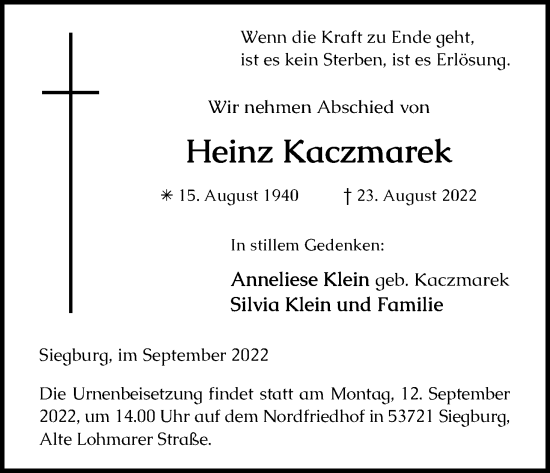 Anzeige von Heinz Kaczmarek von Kölner Stadt-Anzeiger / Kölnische Rundschau / Express