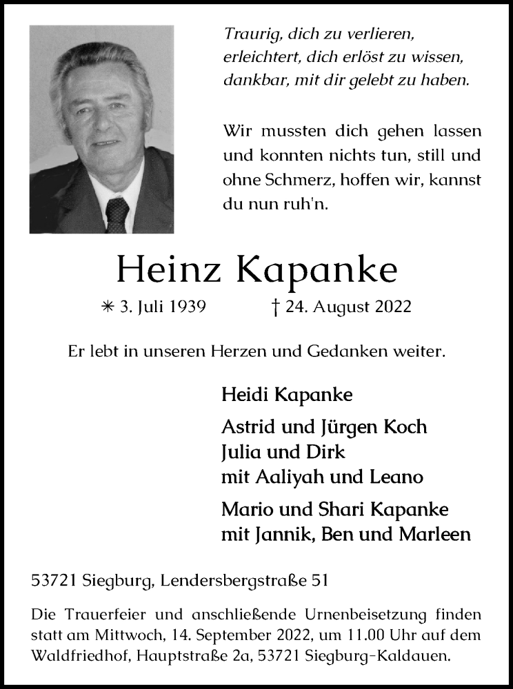  Traueranzeige für Heinz Kapanke vom 10.09.2022 aus Kölner Stadt-Anzeiger / Kölnische Rundschau / Express