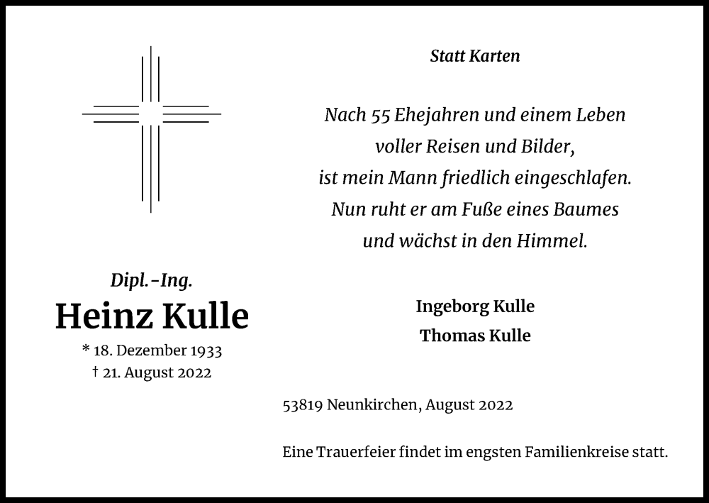  Traueranzeige für Heinz Kulle vom 03.09.2022 aus Kölner Stadt-Anzeiger / Kölnische Rundschau / Express
