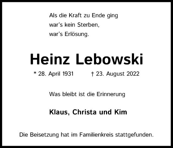 Anzeige von Heinz Lebowski von Kölner Stadt-Anzeiger / Kölnische Rundschau / Express