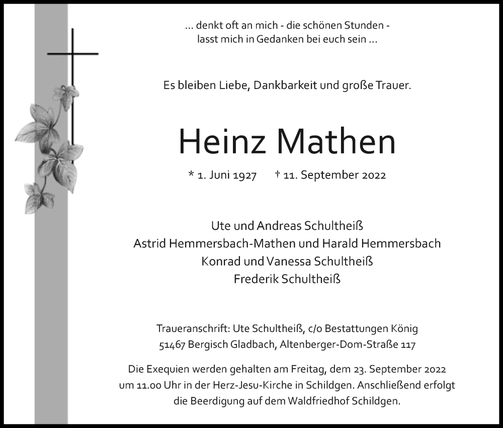  Traueranzeige für Heinz Mathen vom 17.09.2022 aus Kölner Stadt-Anzeiger / Kölnische Rundschau / Express