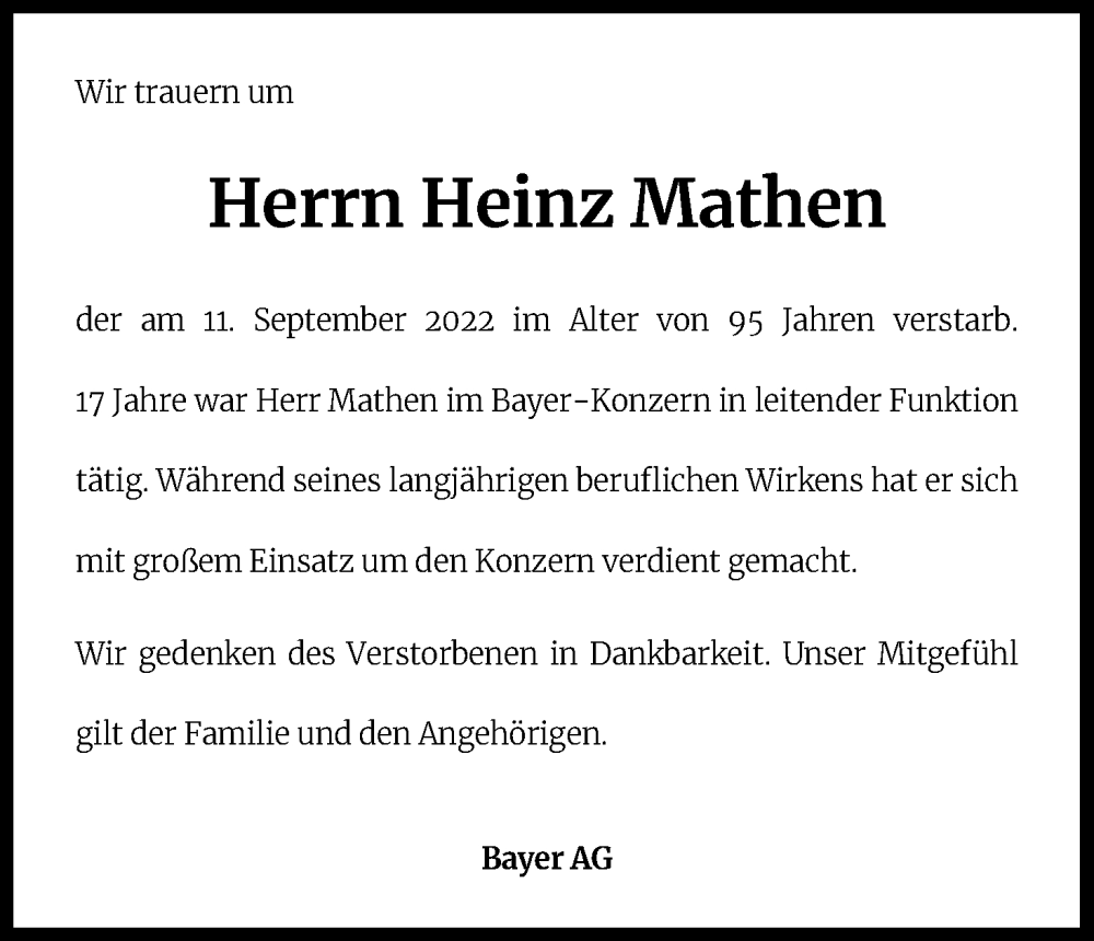  Traueranzeige für Heinz Mathen vom 21.09.2022 aus Kölner Stadt-Anzeiger / Kölnische Rundschau / Express