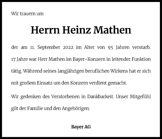 Anzeige von Heinz Mathen von Kölner Stadt-Anzeiger / Kölnische Rundschau / Express