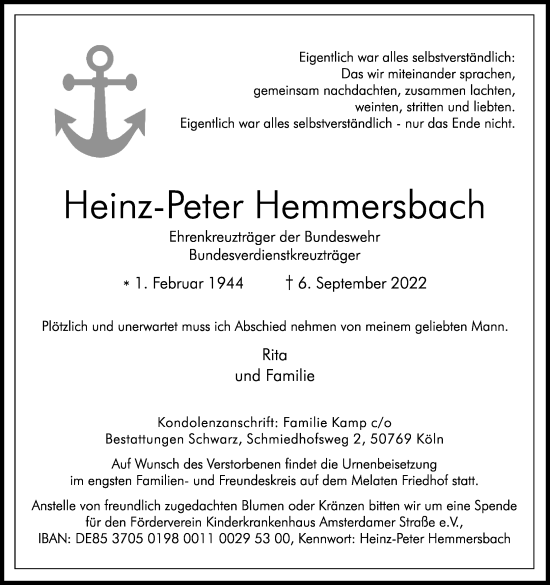 Anzeige von Heinz-Peter Hemmersbach von Kölner Stadt-Anzeiger / Kölnische Rundschau / Express