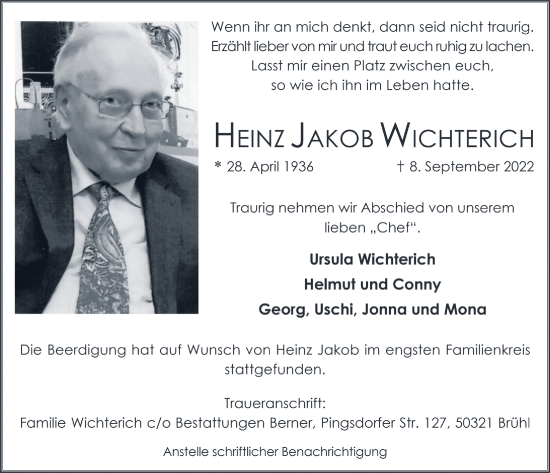 Anzeige von Heinz Wichterich von  Schlossbote/Werbekurier 
