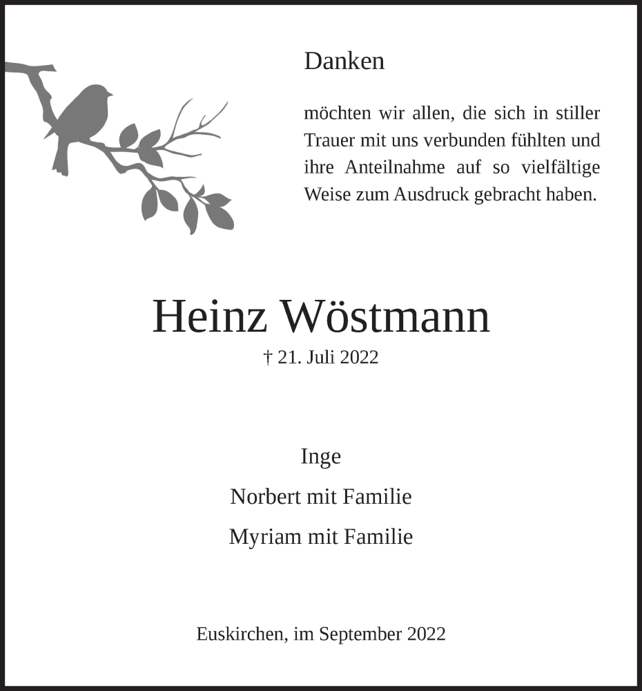  Traueranzeige für Heinz Wöstmann vom 17.09.2022 aus  Blickpunkt Euskirchen 