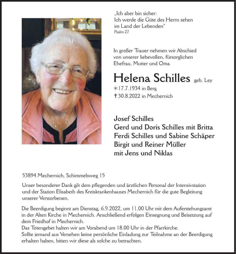  Traueranzeige für Helena Schilles vom 03.09.2022 aus  Blickpunkt Euskirchen 