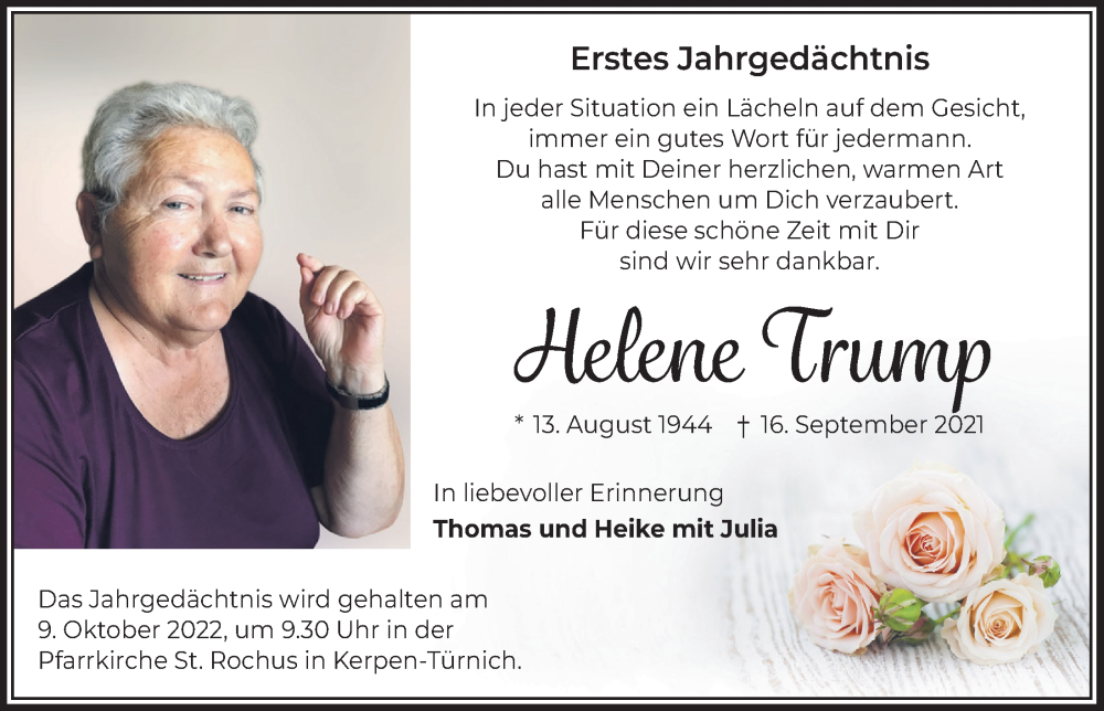  Traueranzeige für Helene Trump vom 30.09.2022 aus  Werbepost 