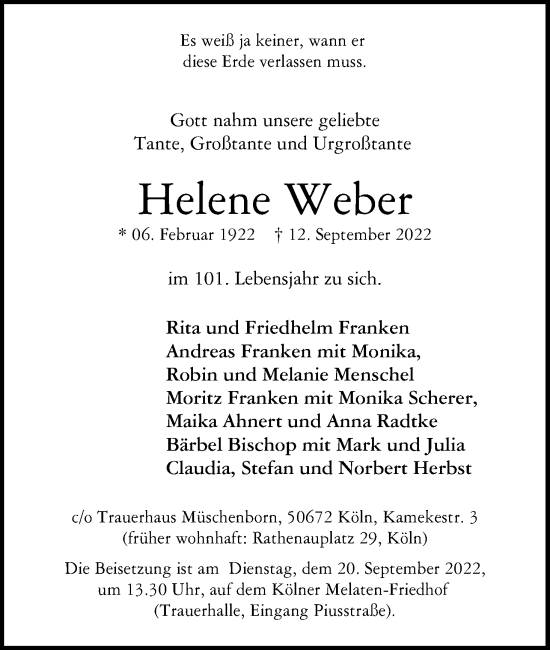 Anzeige von Helene Weber von Kölner Stadt-Anzeiger / Kölnische Rundschau / Express