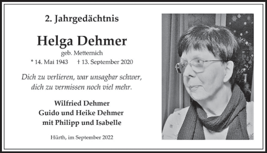 Anzeige von Helga Dehmer von  Wochenende 