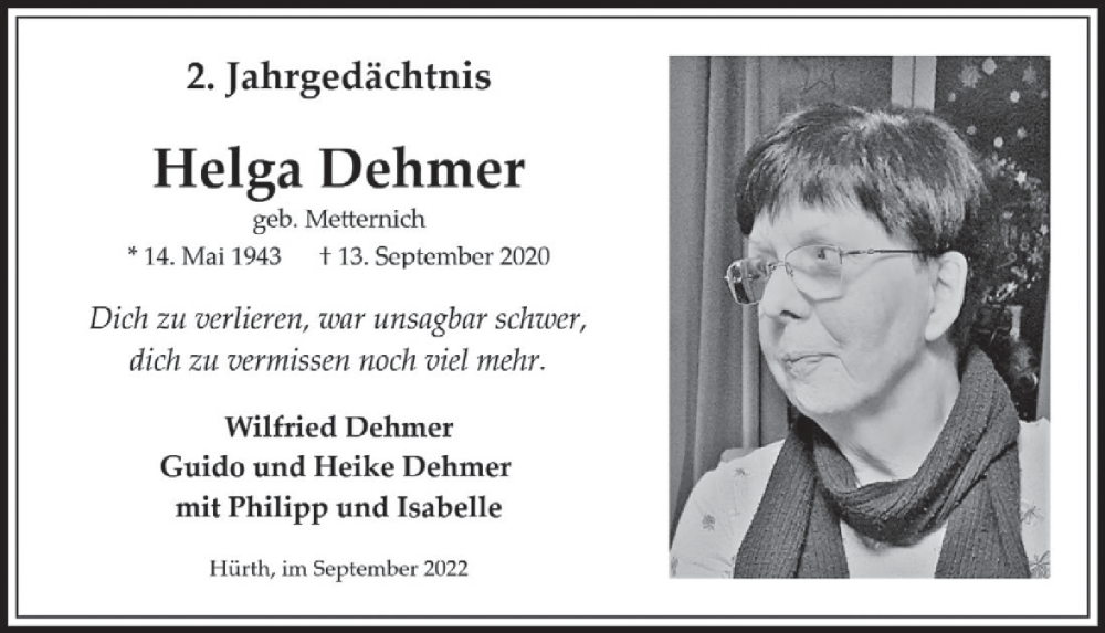  Traueranzeige für Helga Dehmer vom 09.09.2022 aus  Wochenende 