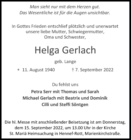 Anzeige von Helga Gerlach von Kölner Stadt-Anzeiger / Kölnische Rundschau / Express