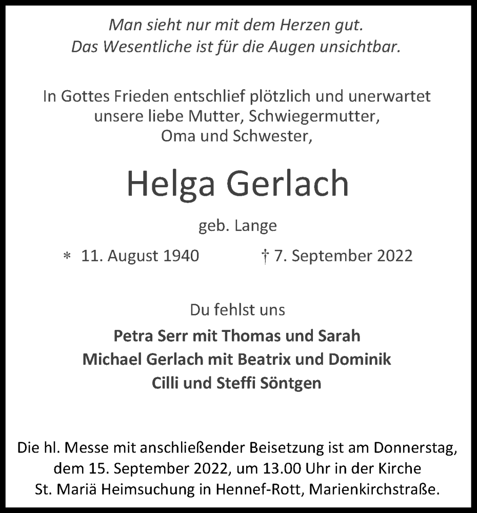  Traueranzeige für Helga Gerlach vom 10.09.2022 aus Kölner Stadt-Anzeiger / Kölnische Rundschau / Express