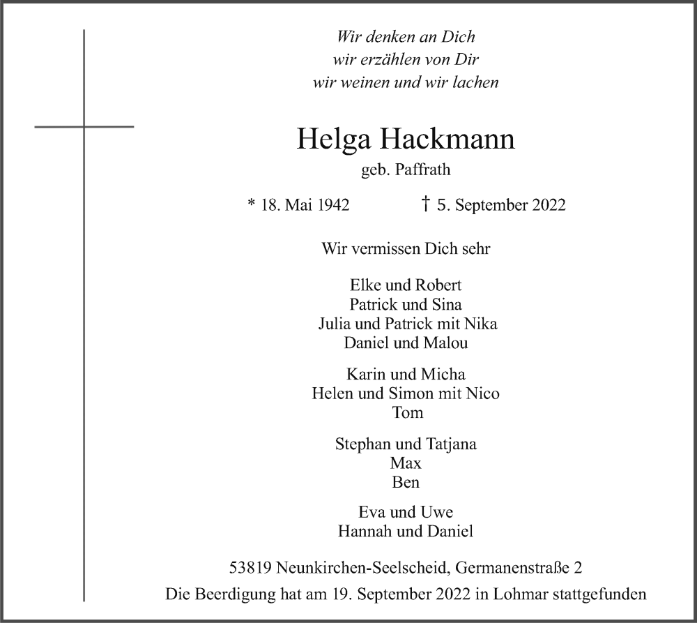  Traueranzeige für Helga Hackmann vom 24.09.2022 aus Kölner Stadt-Anzeiger / Kölnische Rundschau / Express