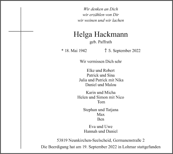 Anzeige von Helga Hackmann von Kölner Stadt-Anzeiger / Kölnische Rundschau / Express
