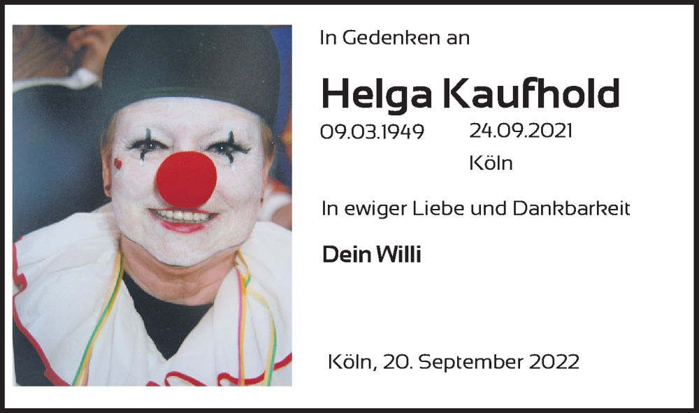  Traueranzeige für Helga Kaufhold vom 24.09.2022 aus Kölner Stadt-Anzeiger / Kölnische Rundschau / Express