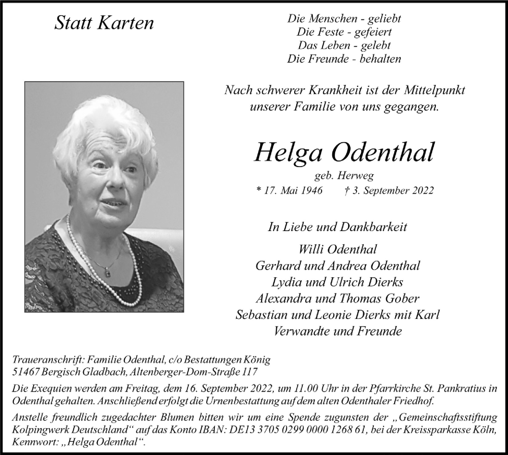  Traueranzeige für Helga Odenthal vom 09.09.2022 aus  Bergisches Handelsblatt 