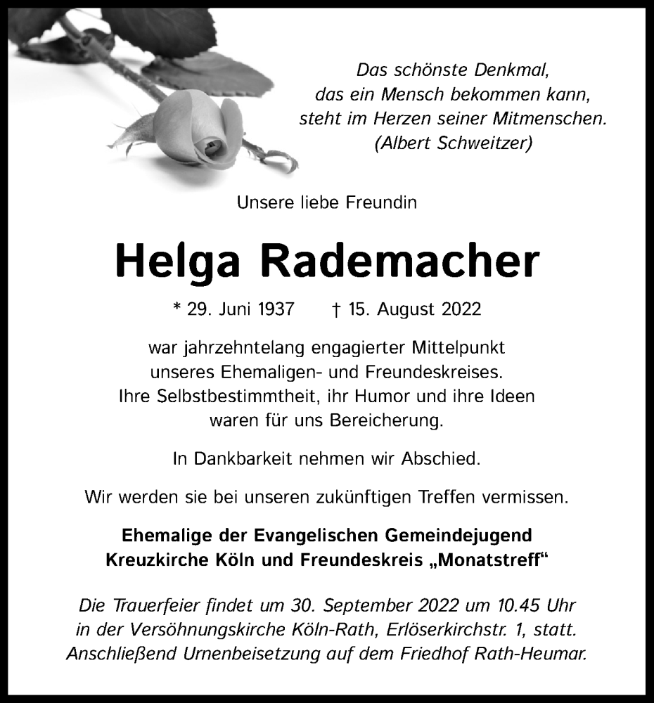  Traueranzeige für Helga Rademacher vom 24.09.2022 aus Kölner Stadt-Anzeiger / Kölnische Rundschau / Express