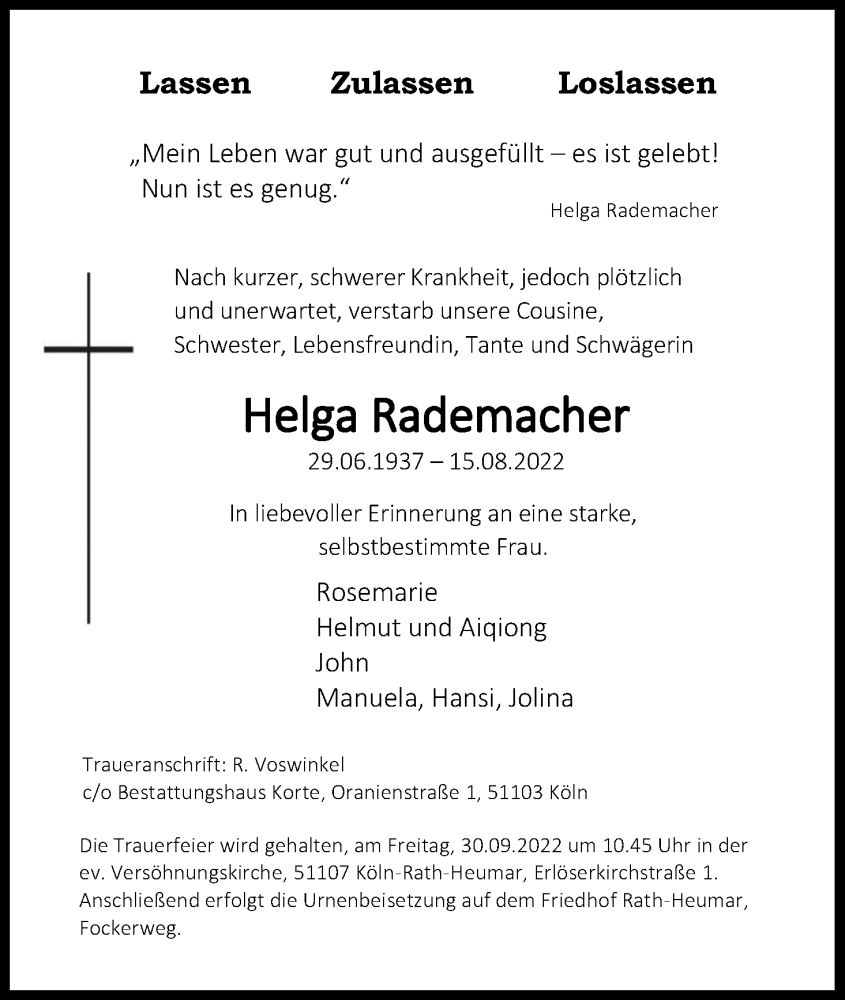  Traueranzeige für Helga Rademacher vom 24.09.2022 aus Kölner Stadt-Anzeiger / Kölnische Rundschau / Express